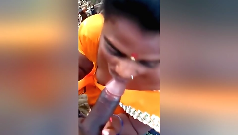 Big tits brunette 18+ indian girl gives a blowjob outdoors
