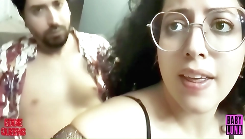 Sexy brunette with natural tits and long legs enjoys a sexy blowjob